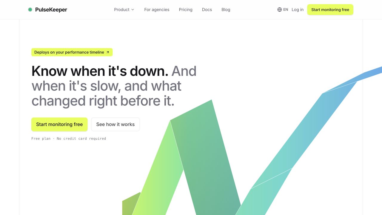 The PulseKeeper homepage with the headline Know when it’s down